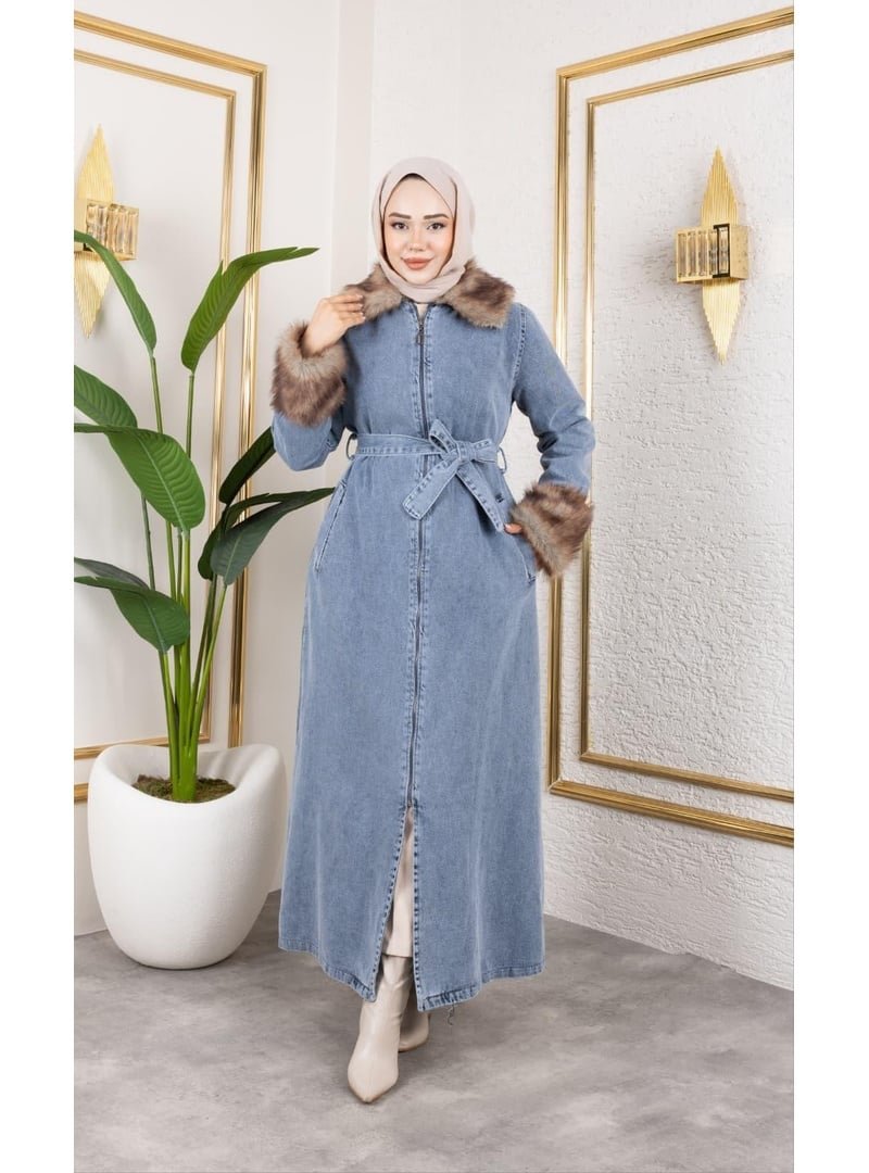 Harmatime butik Kürk Detaylı Kuşaklı Astarlı Mavi Kap