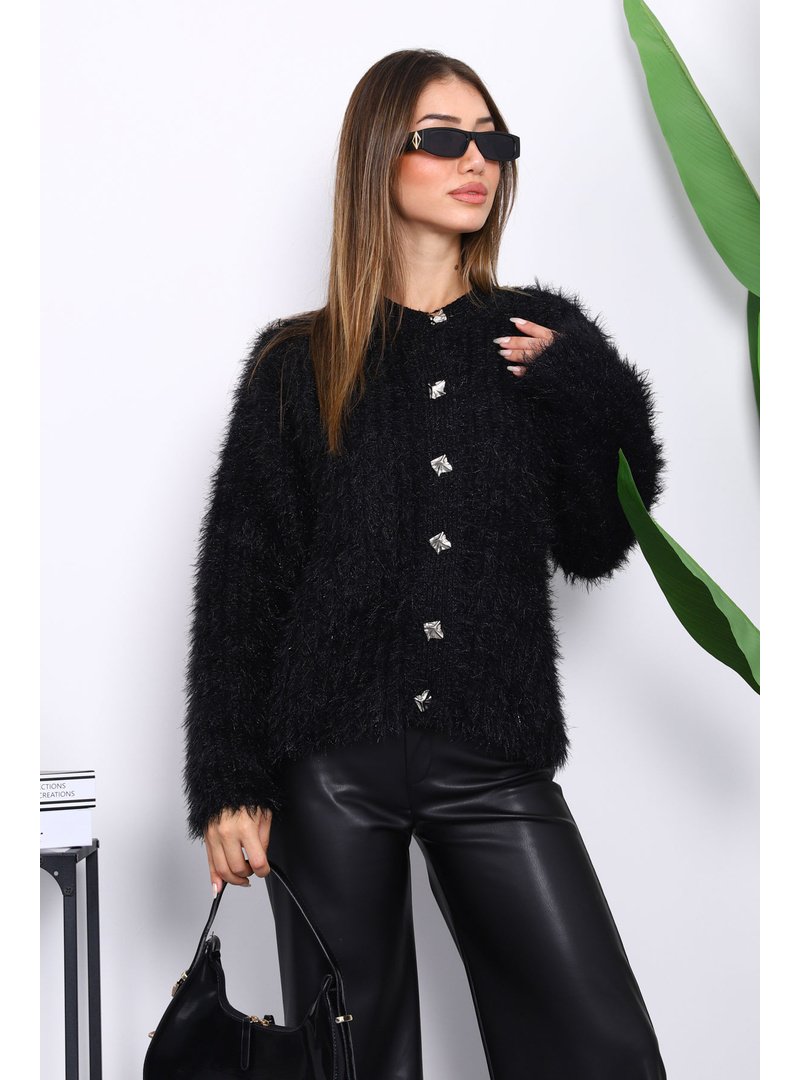 İmaj Butik Siyah Düğmeli Simli Angora Yumoş Triko Hırka