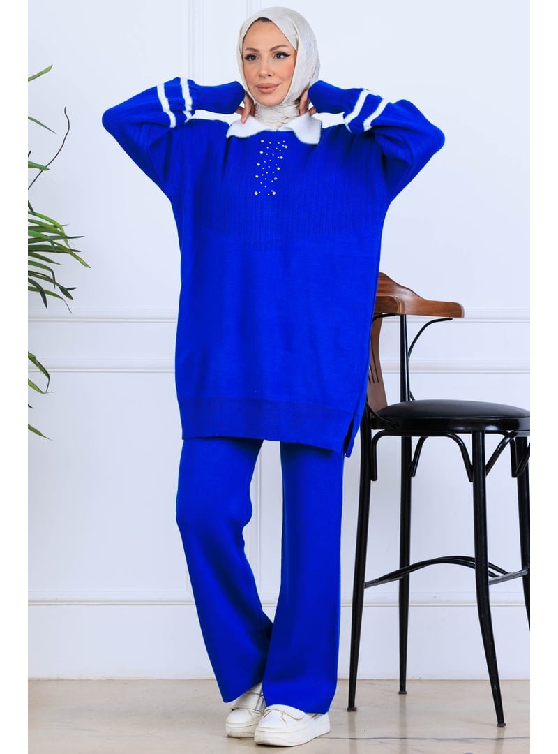 Benguen Saks Mavisi Taş İşlemeli Triko Takım