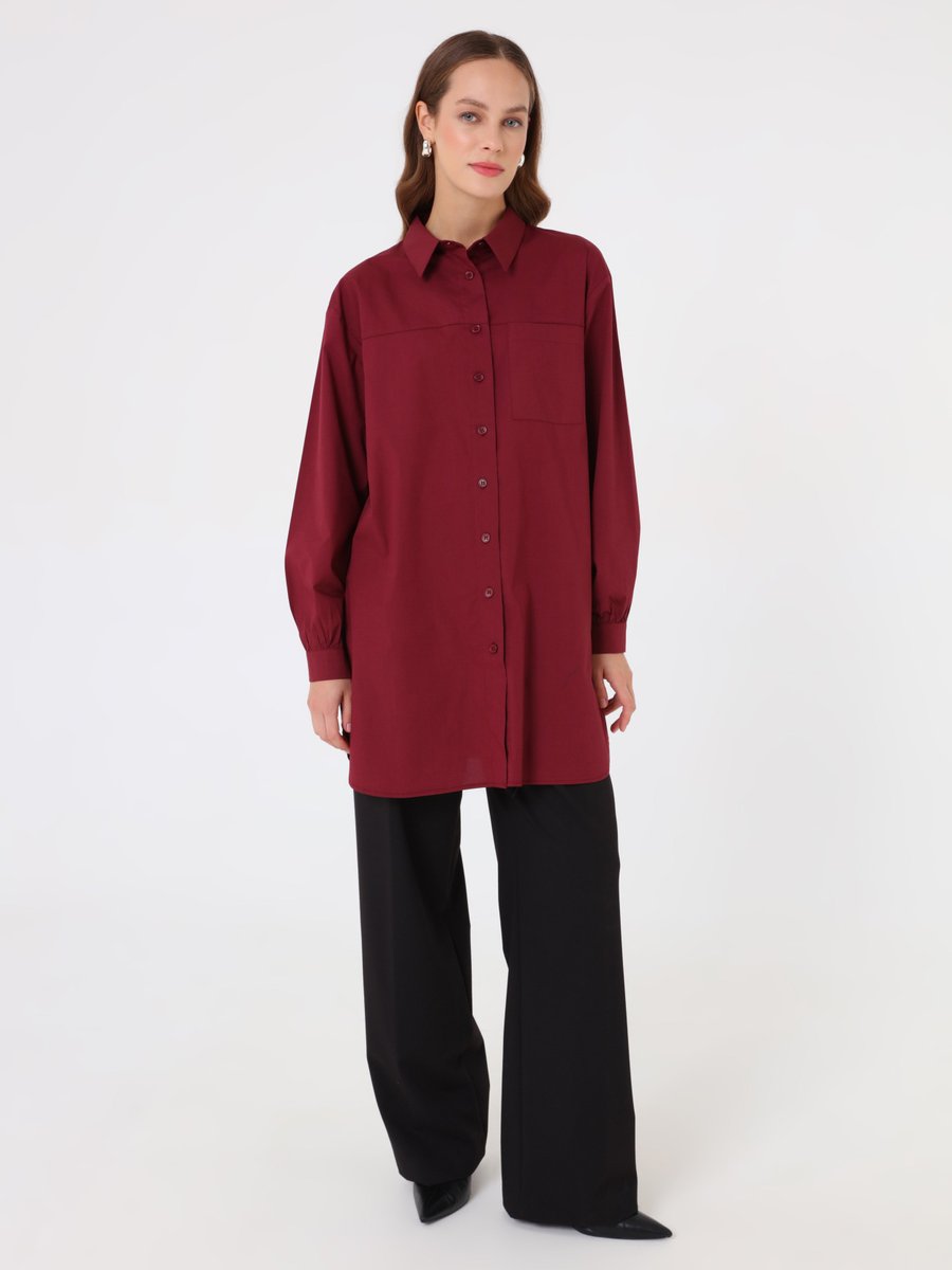 Benin Bordo Poplin Kumaş Cep Detaylı Uzun Basic Bluz / Gömlek Benin Bordo Poplin Kumaş Cep Detaylı Uzun Basic Bluz / Gömlek