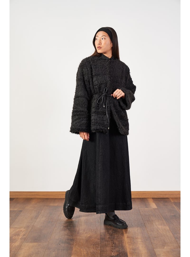 Mevra Siyah Oversize Kuşaklı Yaka Düğmeli Uzun Denim Elbise