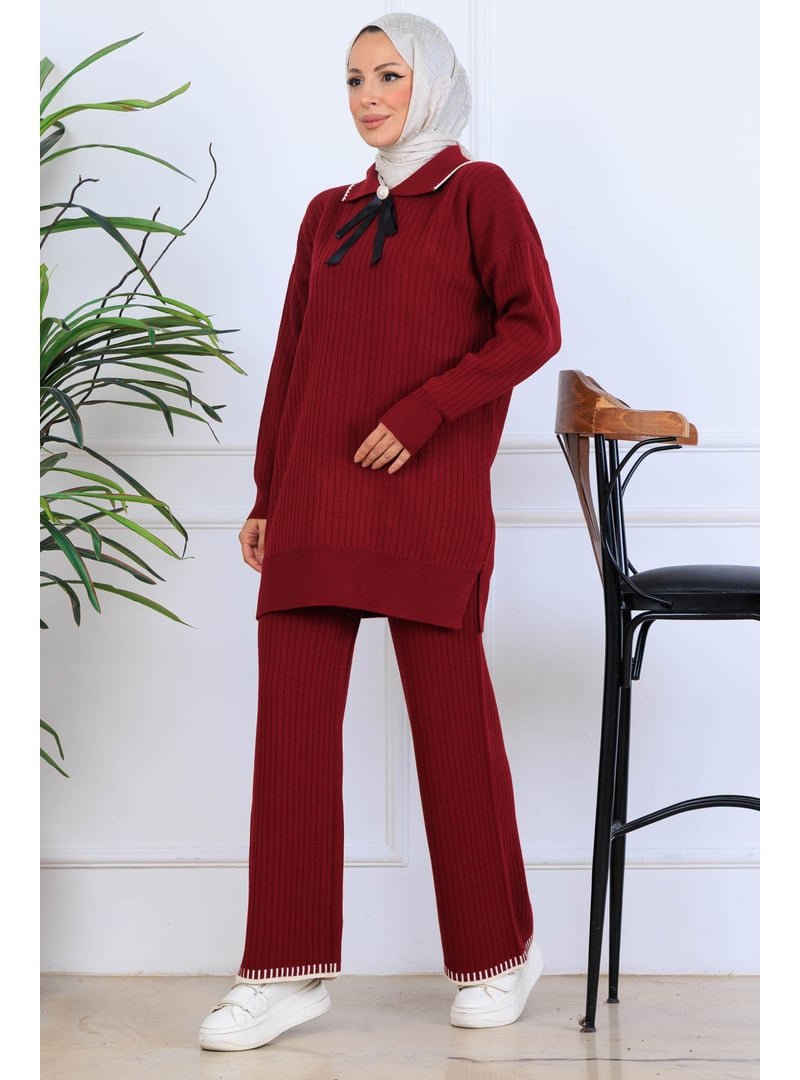 Benguen Bordo Yakası Kurdele Detay Triko Takım