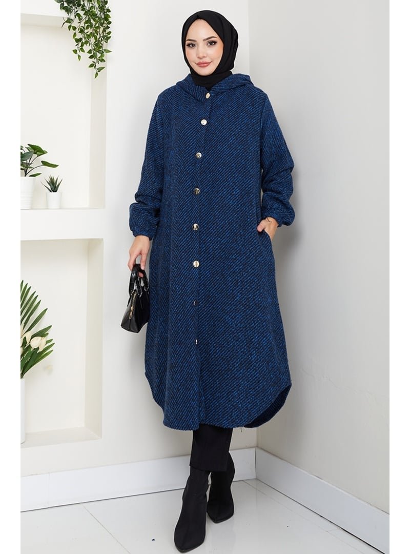 Bestenur İndigo Çizgi Detay Kapüşonlu Kaşe Kap