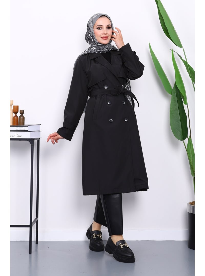 İmaj Butik Siyah Kravuze Yaka Bel Kemerli Düğmeli Trençkot İmaj Butik Siyah Kravuze Yaka Bel Kemerli Düğmeli Trençkot