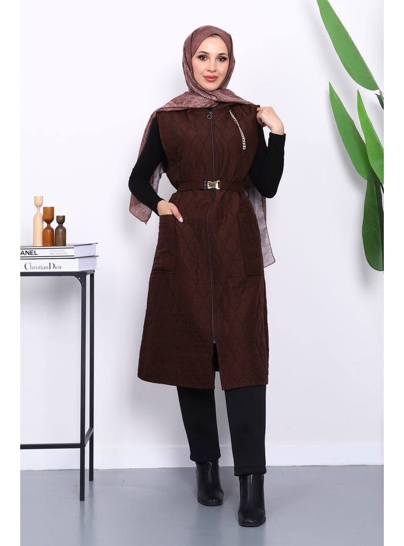 İmaj Butik Kahverengi Kapüşonlu Kemerli Kapitone Yelek İmaj Butik Kahverengi Kapüşonlu Kemerli Kapitone Yelek
