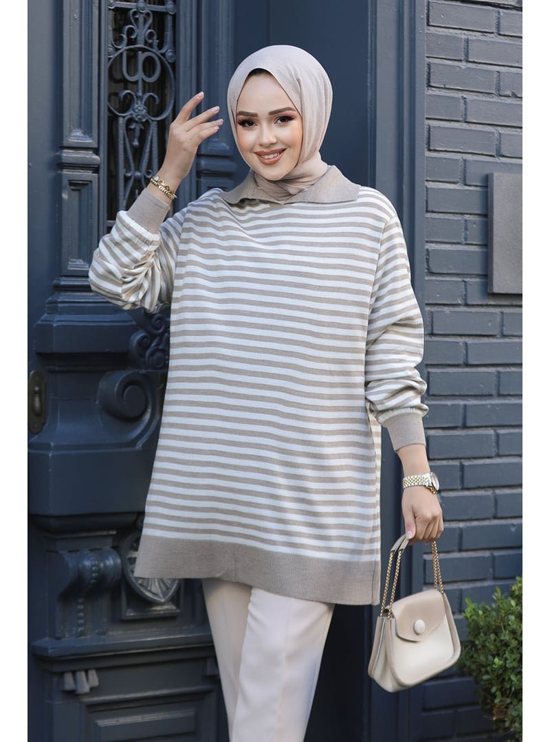 Neva Style Çizgili Vizon Triko Tunik 65904v