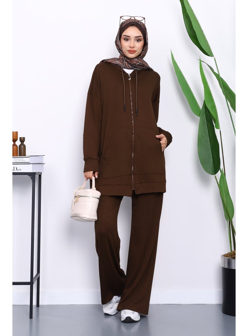 İmaj Butik Kahverengi Kapüşonlu Modal Tunik Pantolonlu Takım