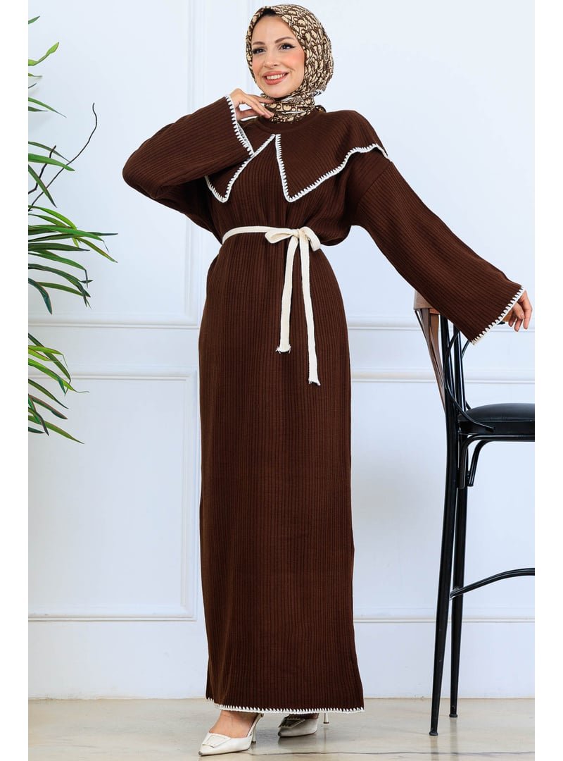 Benguen Kahverengi Yaka Detaylı Triko Elbise