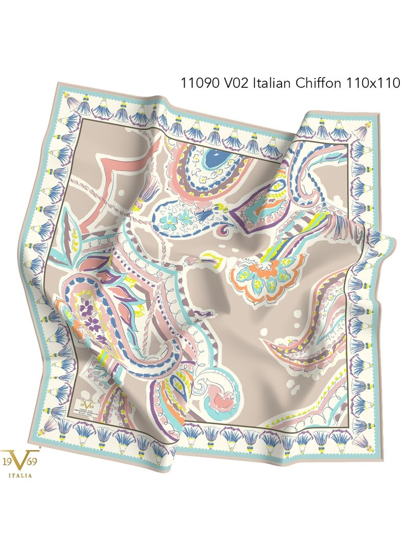 19v69 ITALIA Desenli İtalyan Şifon Eşarp Askısı İle Birlikte 110x110 Cm Vizon Mint
