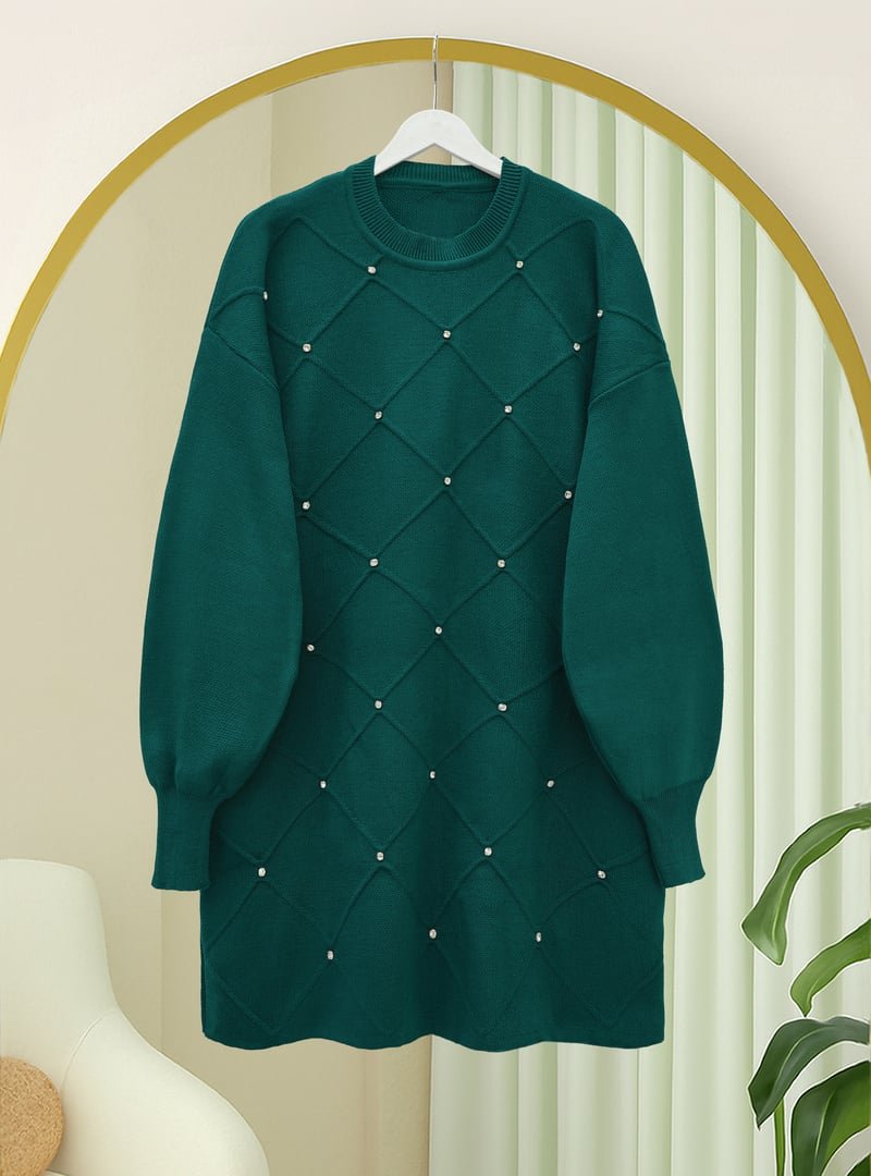 Podyumplus Zümrüt Taş Detaylı Kare Desenli Triko Tunik Podyumplus Zümrüt Taş Detaylı Kare Desenli Triko Tunik