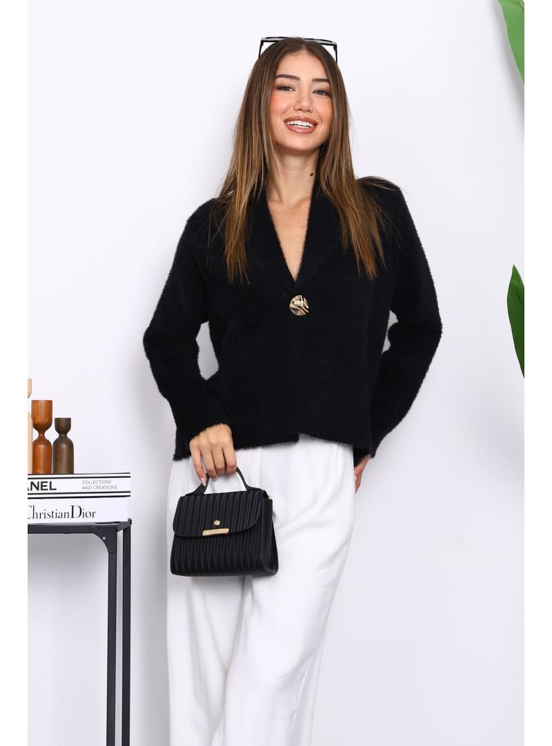 İmaj Butik Siyah Tek Düğmeli Angora Yumoş Hırka