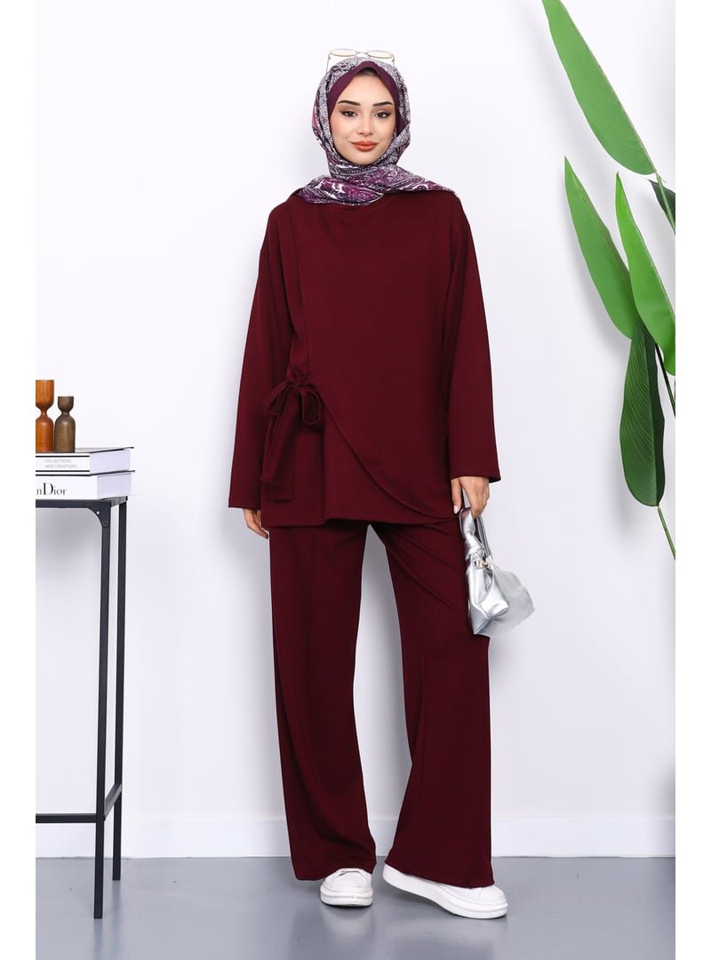 İmaj Butik Mürdüm Yandan Kuşak Bağlamalı Pantolonlu Takım