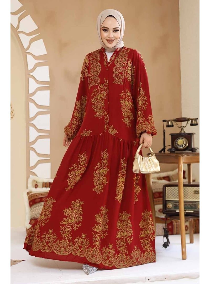 Neva Style Çiçek Desenli Bordo Elbise 18241br Neva Style Çiçek Desenli Bordo Elbise 18241br