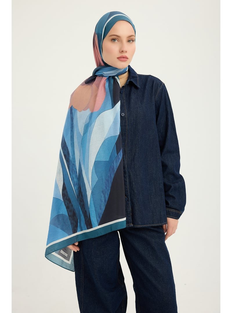 ŞALESS 70x190 Cm Işıklı Çiçekler Turkuaz Vierra Desenli Viskon Şal