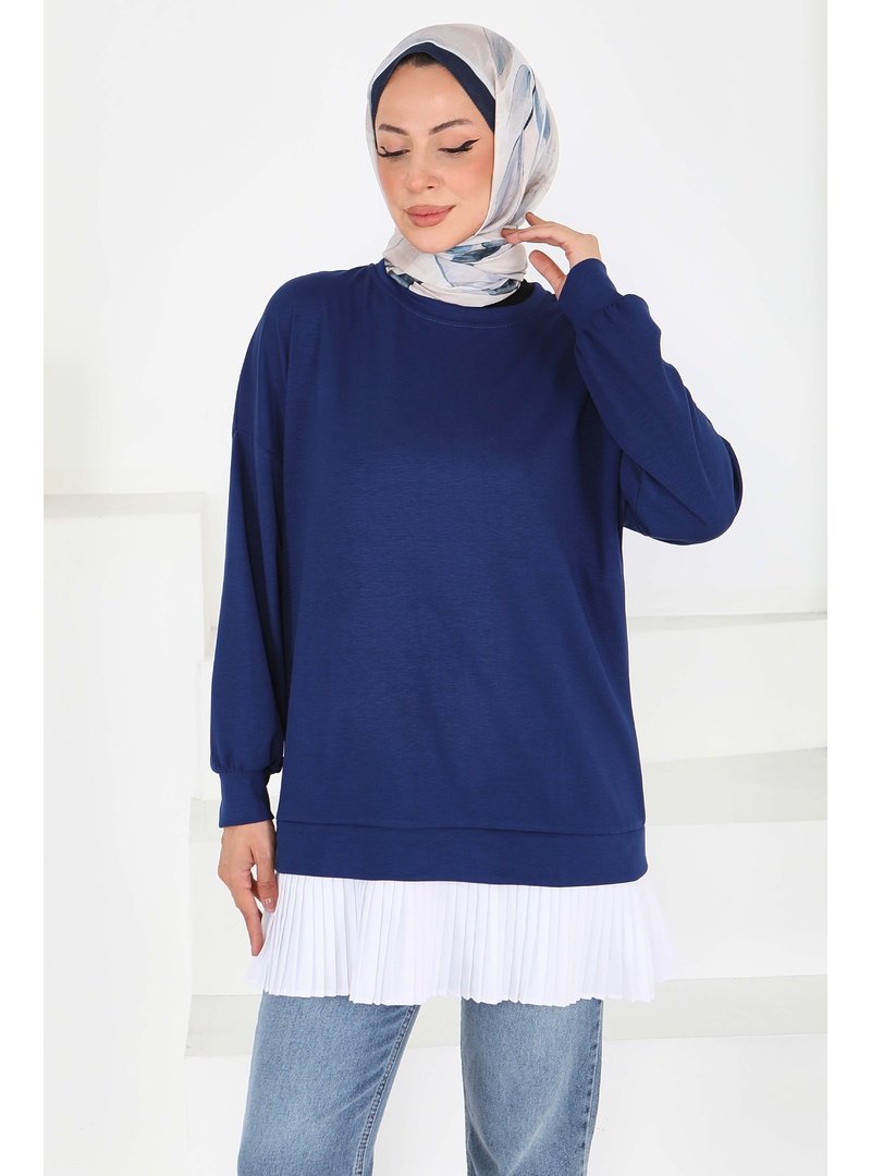 Tofisa Lacivert Eteği Pile Detaylı Modal Tunik