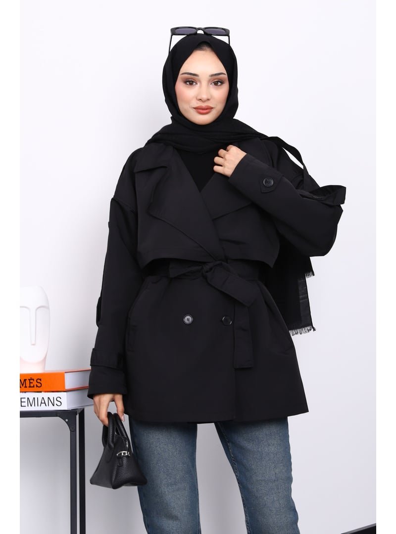 İmaj Butik Siyah Kruvaze Yaka Astarlı Kısa Trençkot