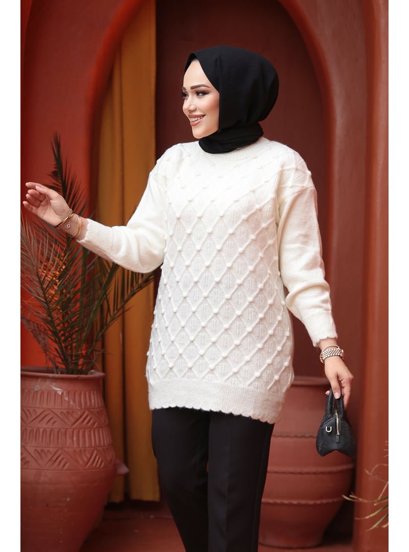 Neva Style Baklava Desenli Ekru Triko Kazak Tunik 85161e