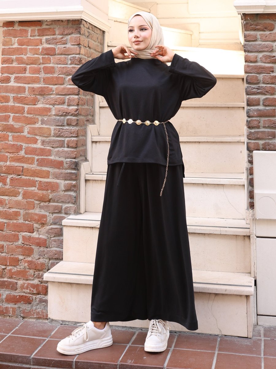 Vav Siyah Yırtmaçlı Bluz Pantolontakım Vav Siyah Yırtmaçlı Bluz Pantolontakım