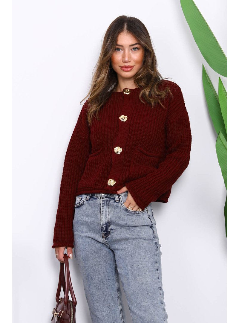 İmaj Butik Bordo Selanik Örgülü Kısa Triko Hırka