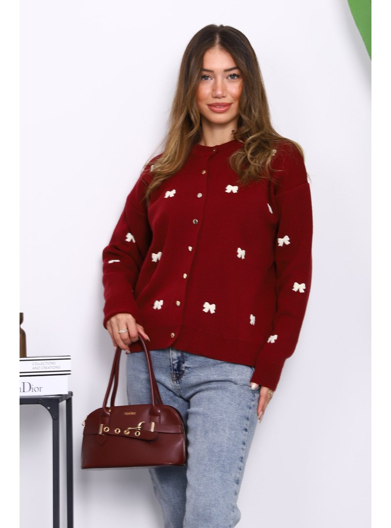 İmaj Butik Bordo Fiyonk Nakışlı Triko Hırka