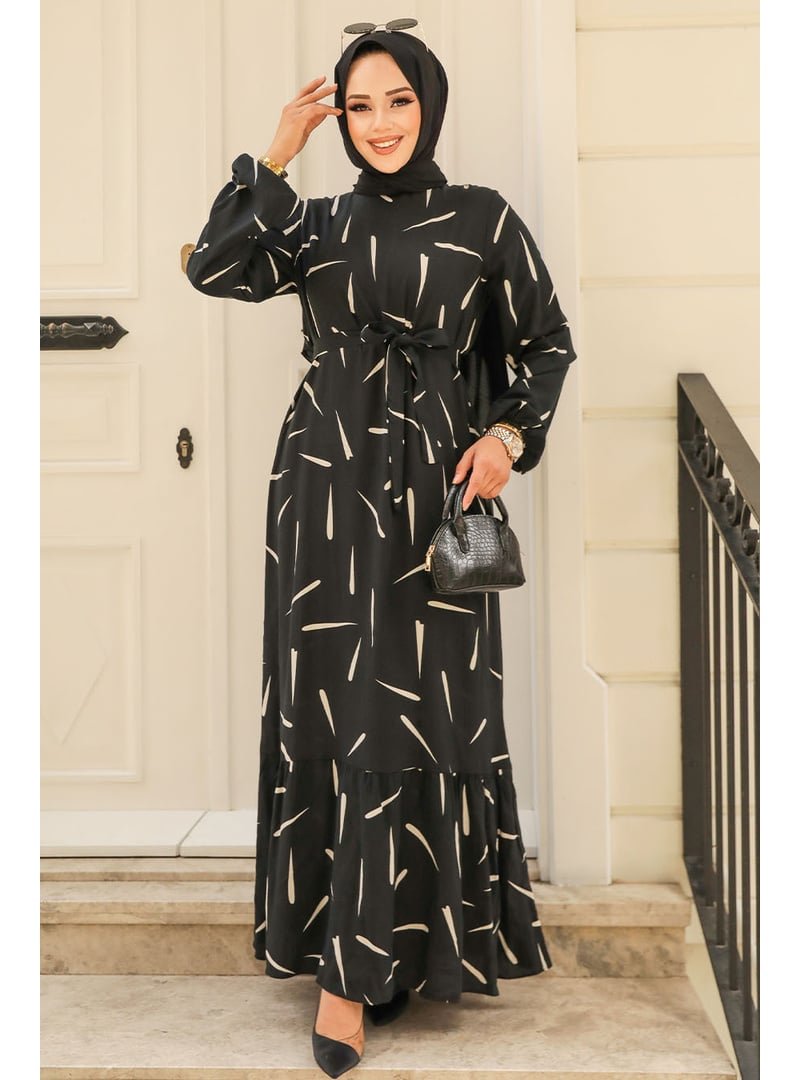 Neva Style Desenli Siyah Viskon Elbise 23431s Neva Style Desenli Siyah Viskon Elbise 23431s