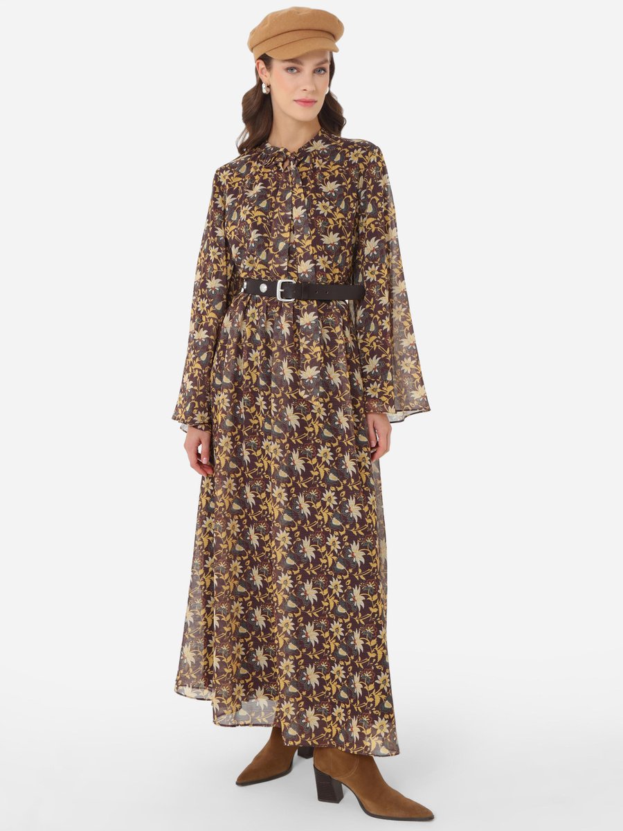 Refka Çiçek Desenli Önü Patlı Şifon Elbise Sari Refka Çiçek Desenli Önü Patlı Şifon Elbise Sari