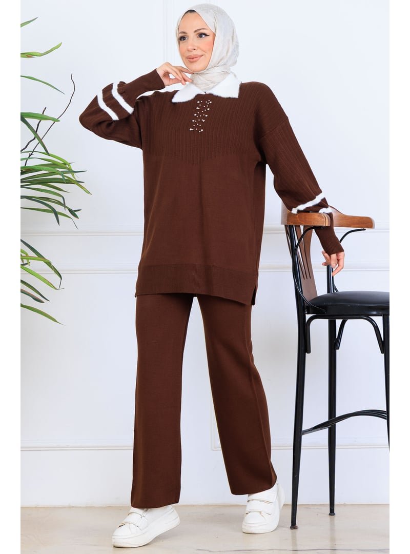 Benguen Kahverengi Taş İşlemeli Triko Takım