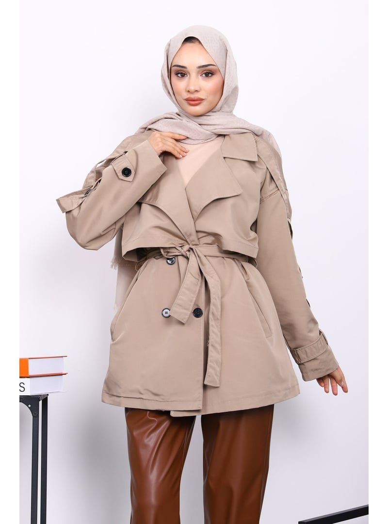 İmaj Butik Vizon Kruvaze Yaka Astarlı Kısa Trençkot