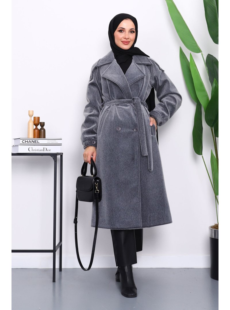 İmaj Butik Füme Kruvaze Yaka Kuşaklı Angora Kaban İmaj Butik Füme Kruvaze Yaka Kuşaklı Angora Kaban