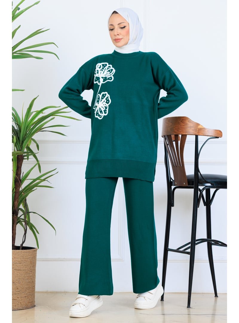 Benguen Zümrüt Yeşili Nakış İşleme Detaylı Triko Takım