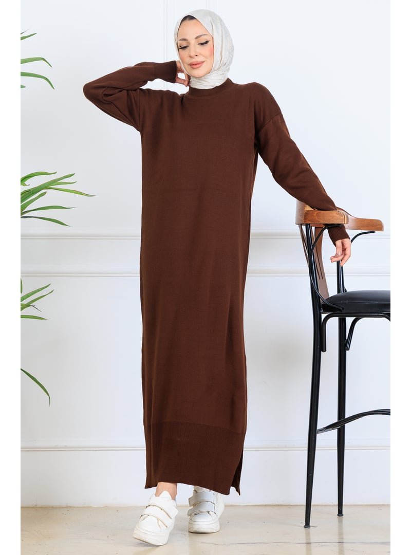Benguen Kahverengi Yırtmaç Detaylı Triko Elbise