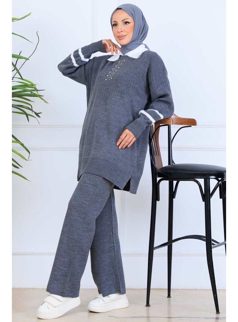 Benguen Antrasit Taş İşlemeli Triko Takım