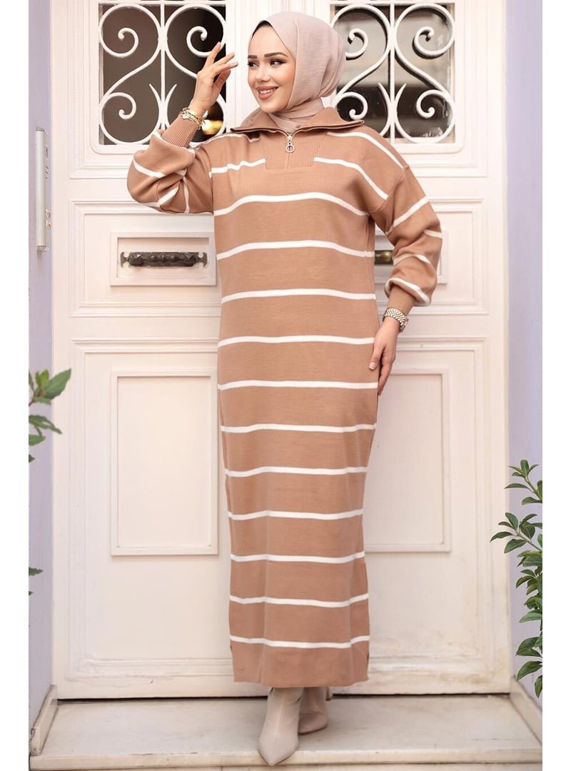 Neva Style Çizgili Bisküvi Triko Elbise 17206bs Neva Style Çizgili Bisküvi Triko Elbise 17206bs