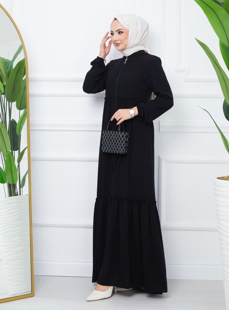 Podyumplus Siyah Parçalı Kolu Lastikli Boydan Fermuarlı Ferace