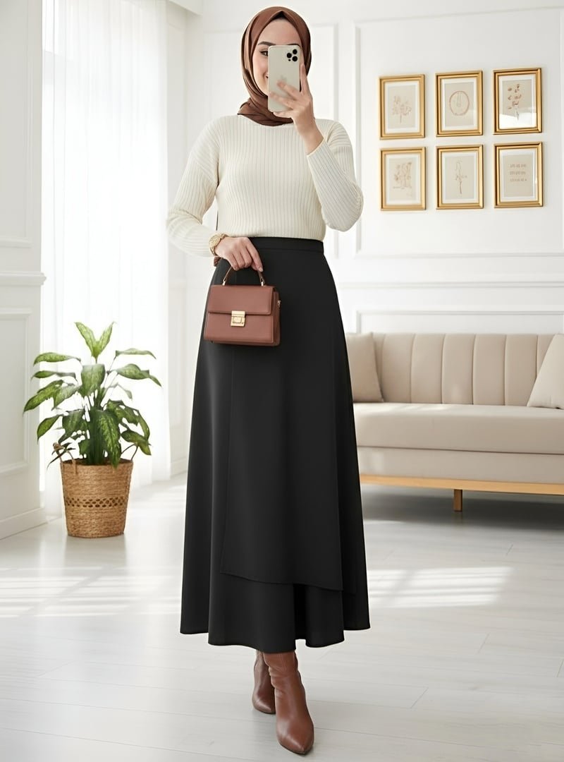 Podyumplus Siyah Önü Çapraz Çift Katlı Scuba Etek