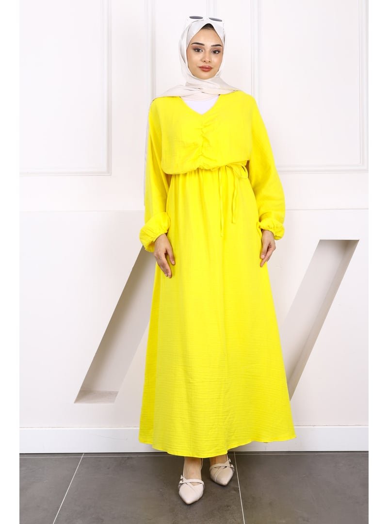 İmaj Butik Sarı Önü Büzgülü Müslin Elbise İmaj Butik Sarı Önü Büzgülü Müslin Elbise