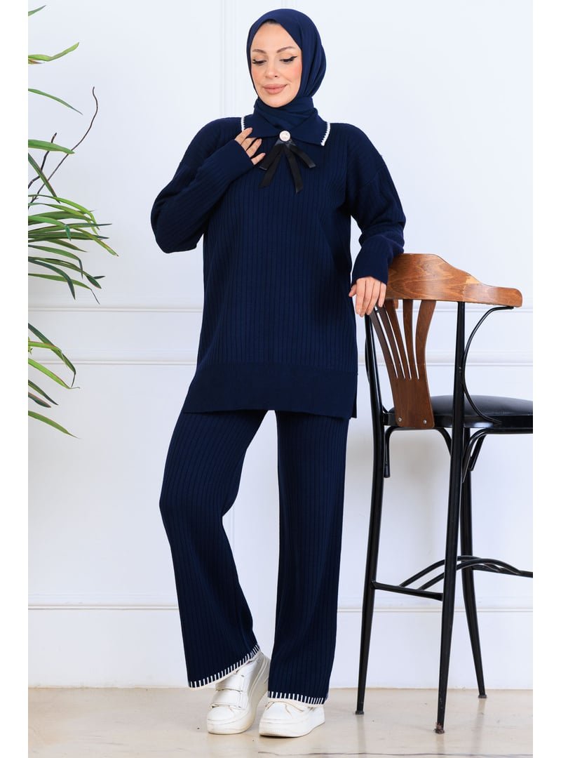 Benguen Lacivert Yakası Kurdele Detay Triko Takım