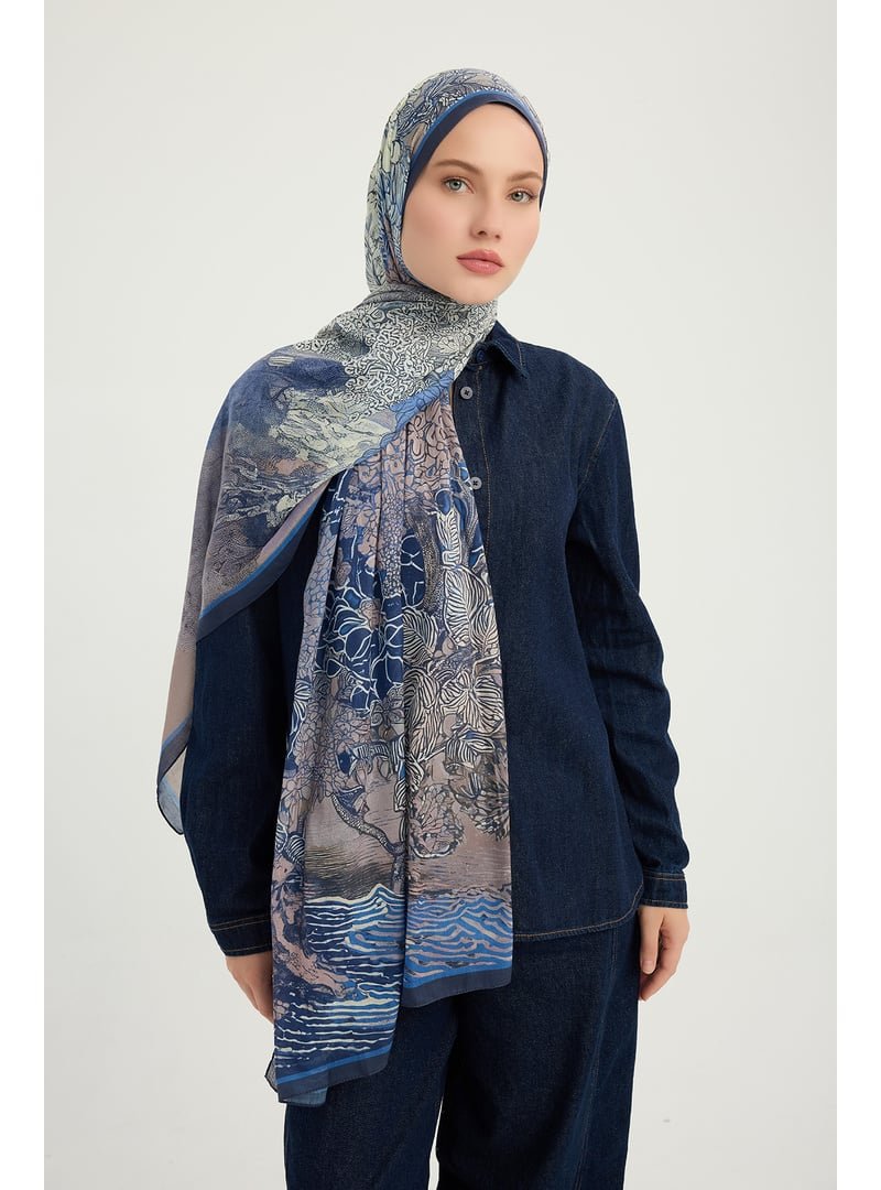 ŞALESS 70x190 Cm Sessiz Mevsimler Lacivert Efilia Desenli Şal
