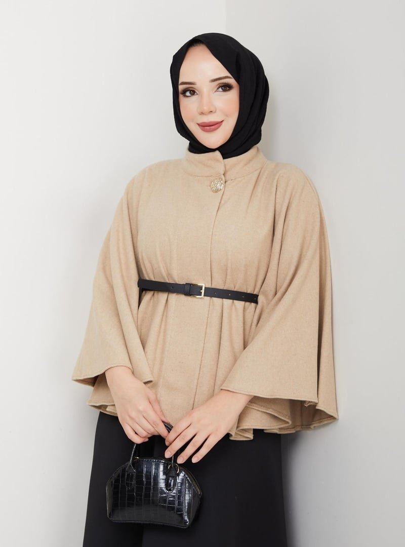 Nergis Neva Kaşe Sarı Dügmeli Deri Kemerli Panço