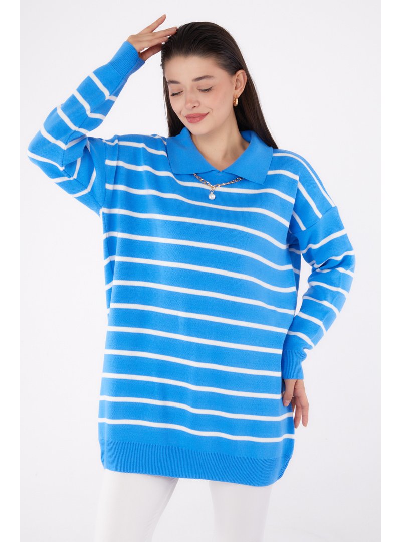 Tofisa Mavi Mavı Çizgili Kolyeli Triko Tunik