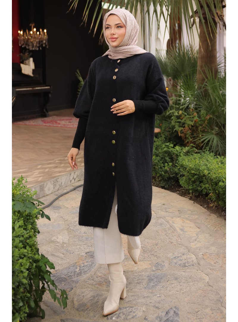 İmaj Butik Siyah Hakim Yaka Angora Yumoş Kaban Hırka
