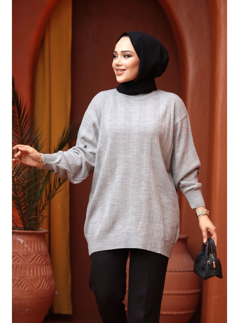 Neva Style Çizgi Detaylı Gri Triko Kazak Tunik 30661gr