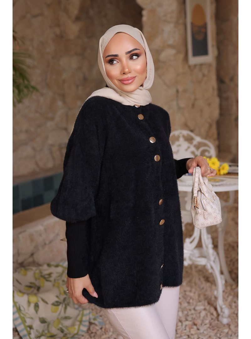 İmaj Butik Siyah Dik Yaka Angora Yumoş Hırka