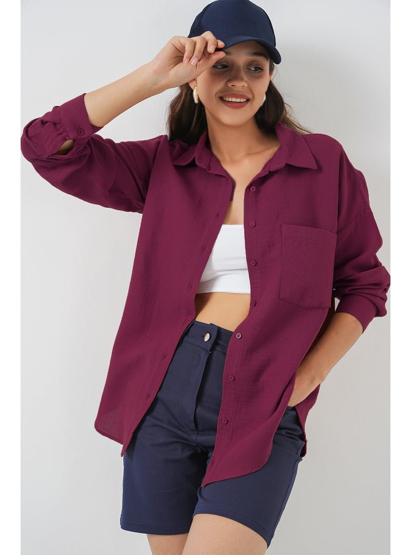 Bigdart Mürdüm Tek Cepli Oversize Keten Gömlek Bigdart Mürdüm Tek Cepli Oversize Keten Gömlek