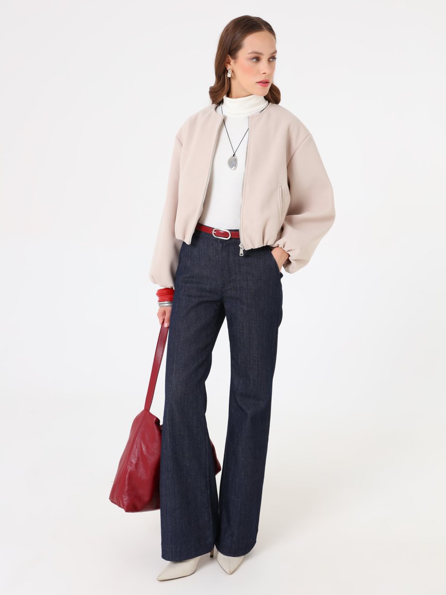 Refka Bej Balon Kollu Fermuarlı Kısa Kaban Refka Bej Balon Kollu Fermuarlı Kısa Kaban