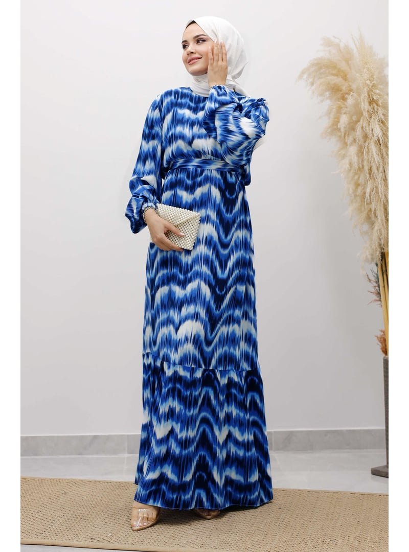 Tesettür Dünyası İndigo Eteği Volanlı Sulu Boya Desenli Viskon Elbise