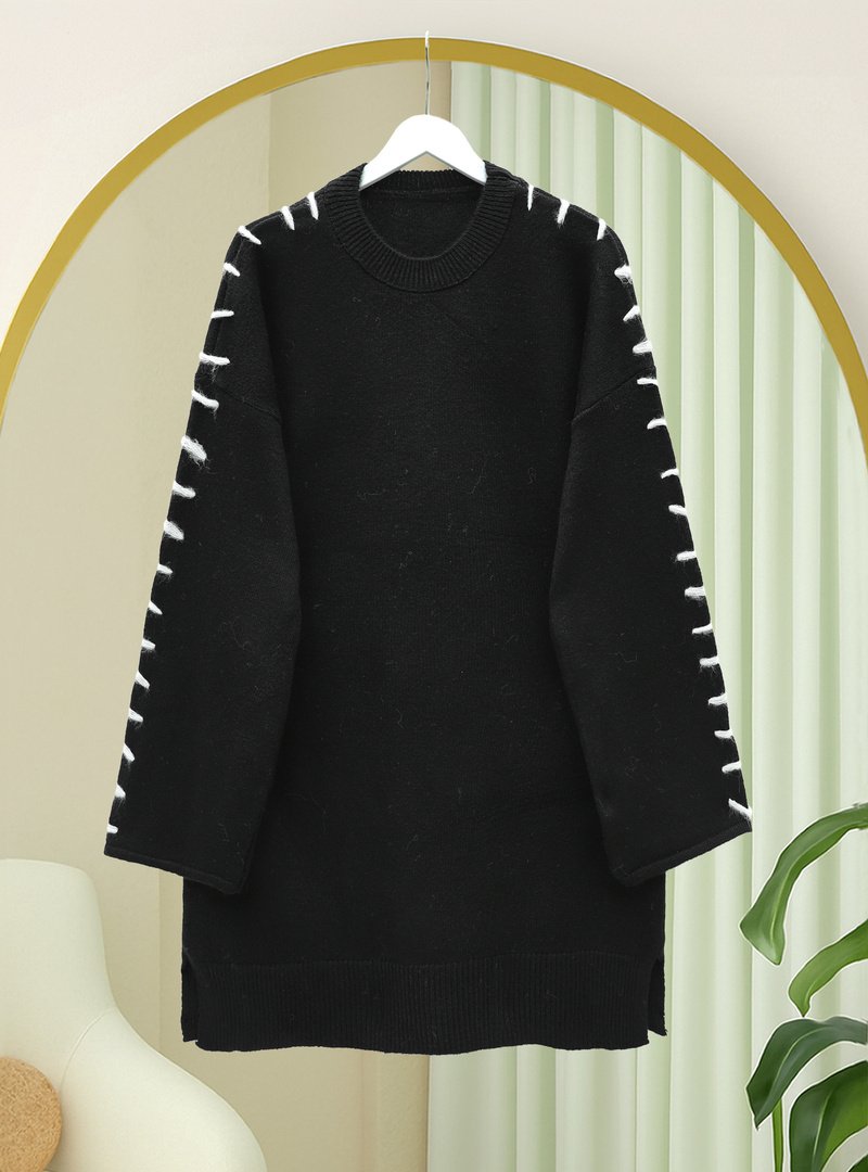 Podyumplus Siyah Kolları İpli Çizgili Yumoş Triko Tunik