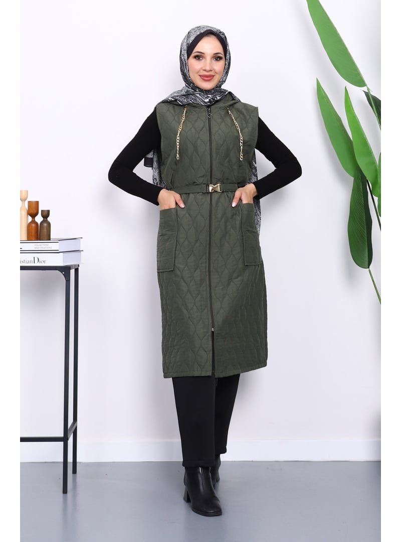 İmaj Butik Haki Kapüşonlu Kemerli Kapitone Yelek İmaj Butik Haki Kapüşonlu Kemerli Kapitone Yelek
