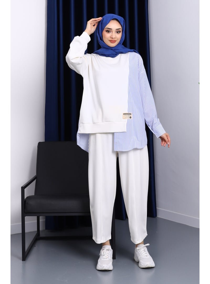 İmaj Butik Ekru Garnili Tunik Pantolonlu Çizgili Takım