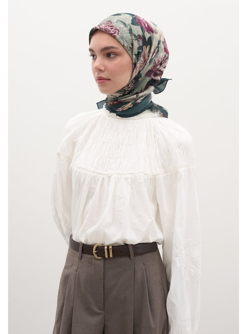 FRESHSCARFS Koyu Yeşil Magnolıa Desen Pamuklu Viskon Eşarp